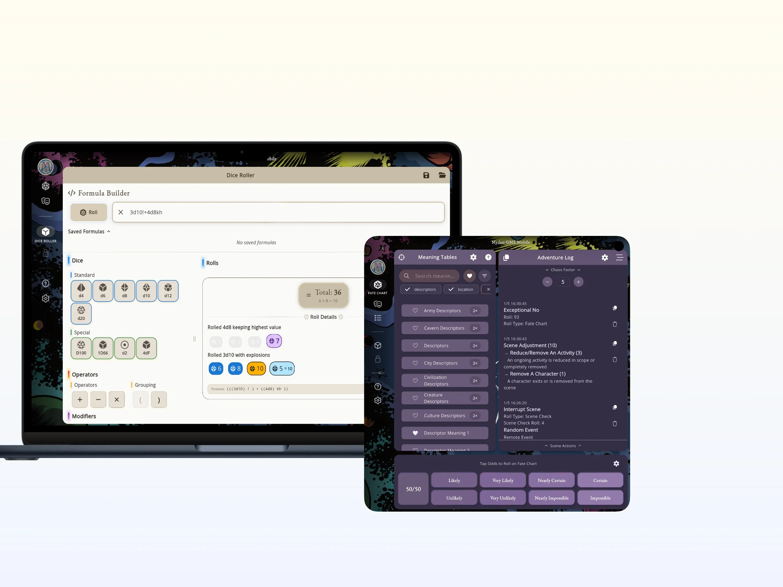 Mythic GME Digital — layout desktop mostrando painéis e logs